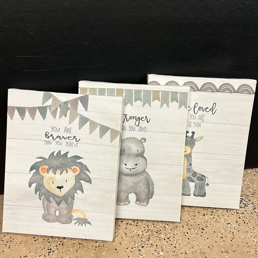Jo Moulton Children’s Wall Art Set of Three.  11x14. Lion, hippo, giraffe